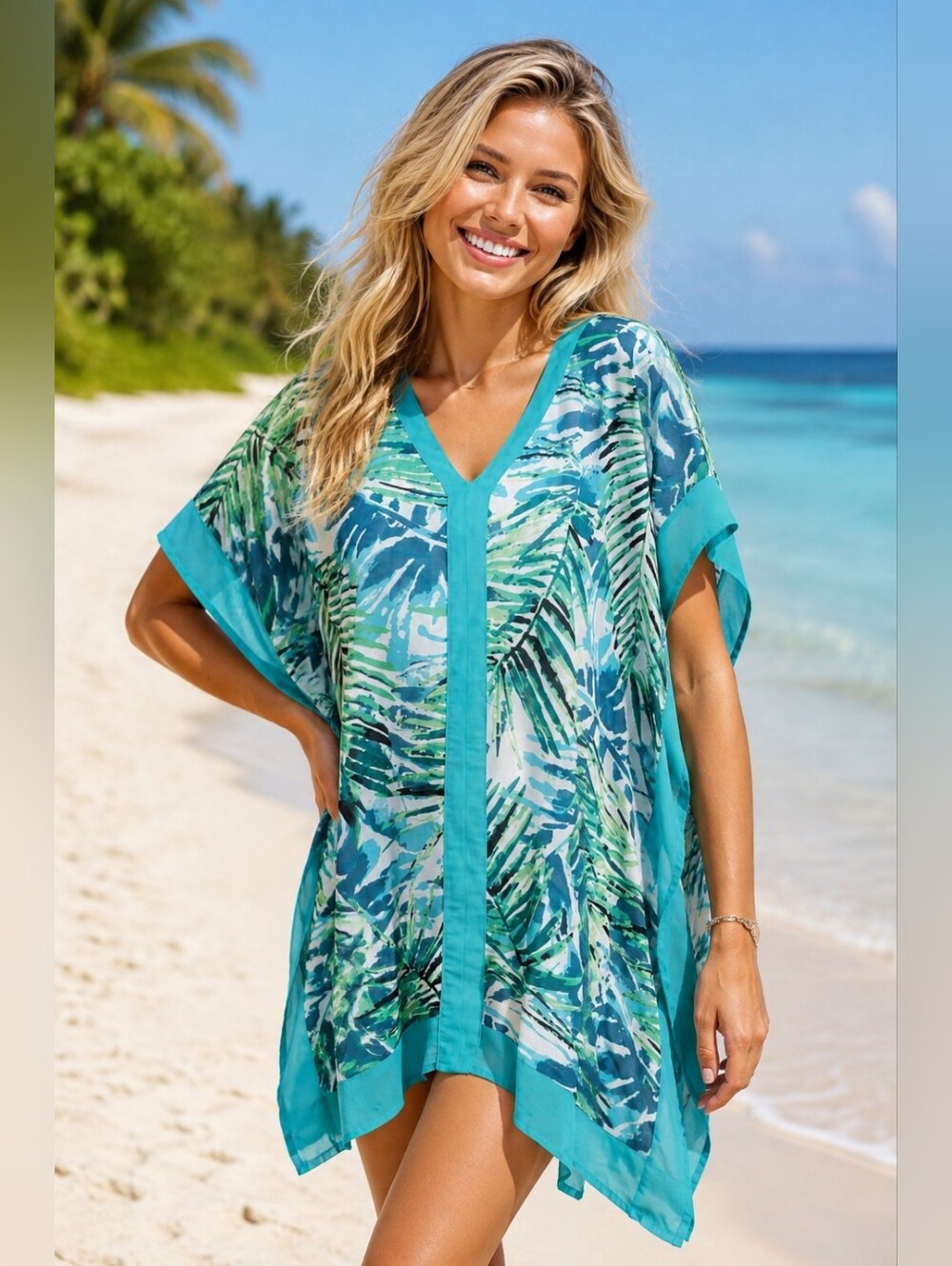 Merona Bathing Suit Cover Up Swim Pool Beach Summer Palm Tree Print Teal Small